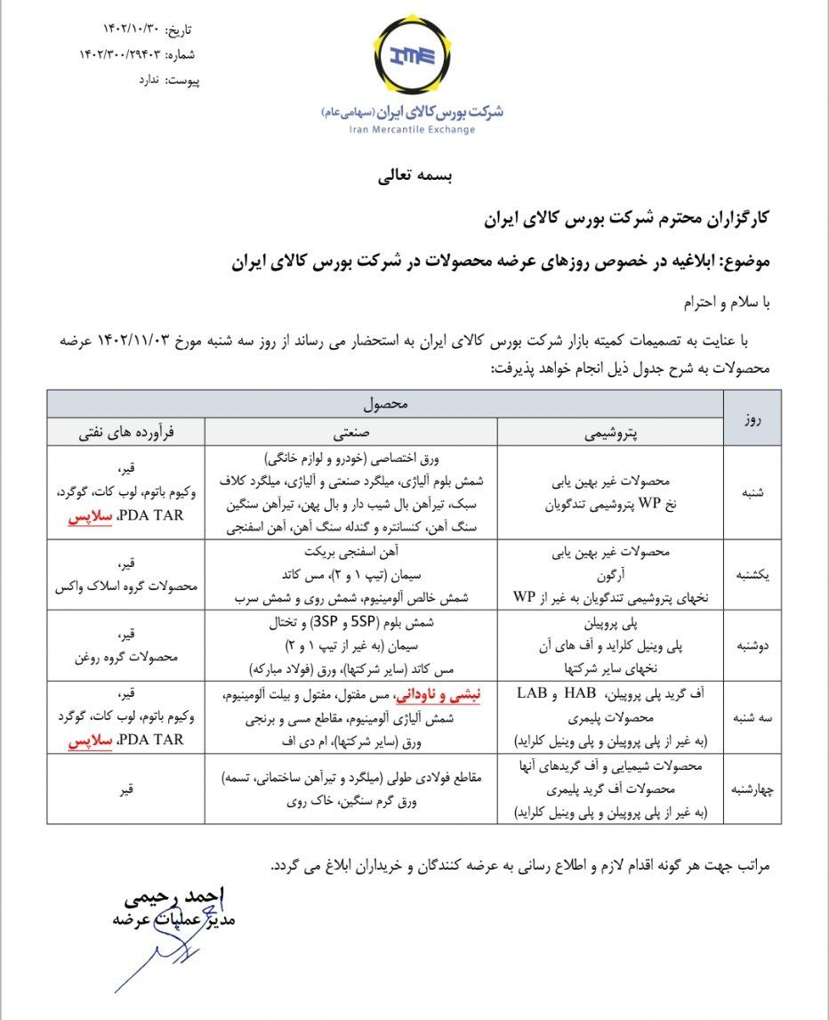 ابلاغ روز‌های عرضه محصولات در بورس کالا
