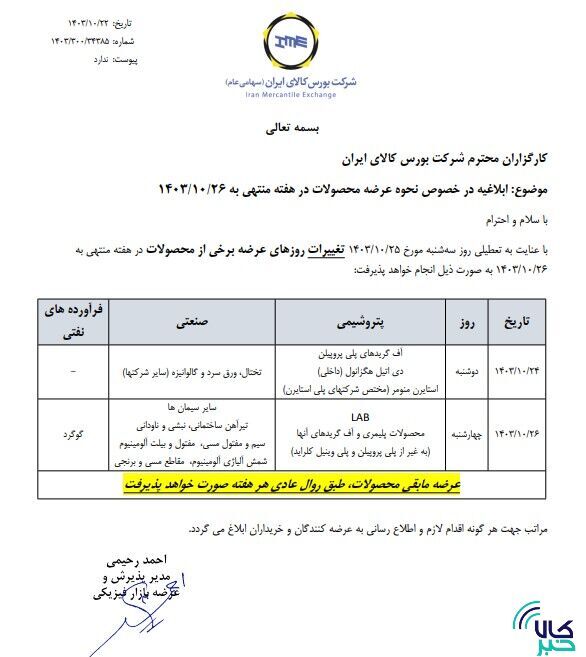 اطلاعیه بورس کالا در خصوص نحوه عرضه محصولات در هفته جاری