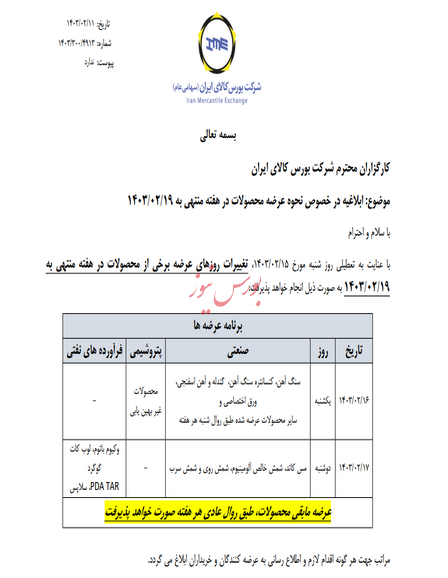 زمان عرضه محصولات در بورس کالا تغییر کرد