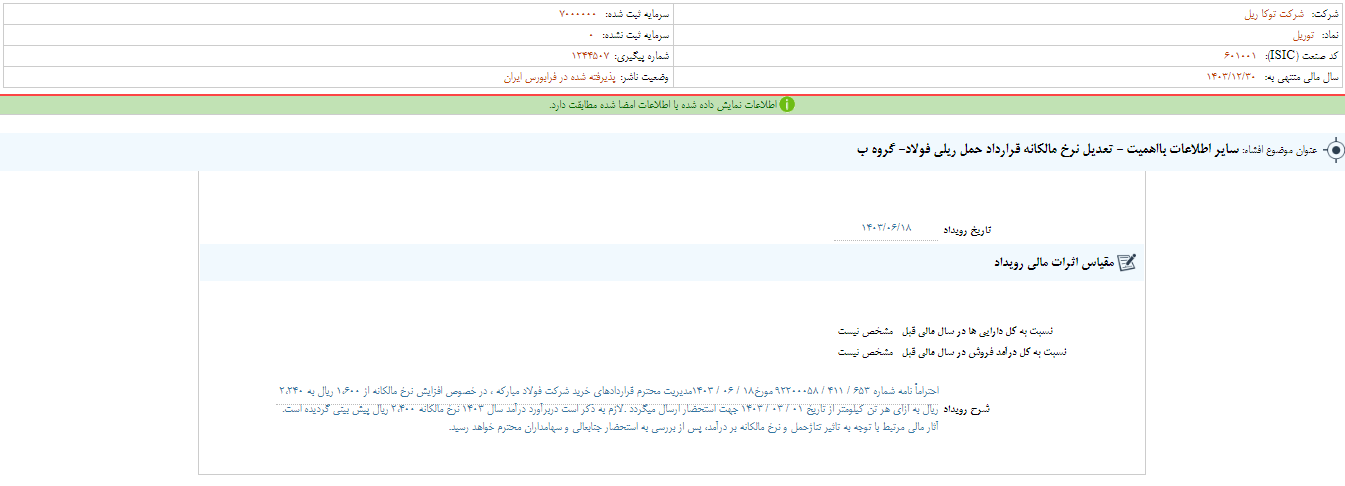 تعدیل نرخ مالکانه قرارداد حمل ریلی فولاد توریل