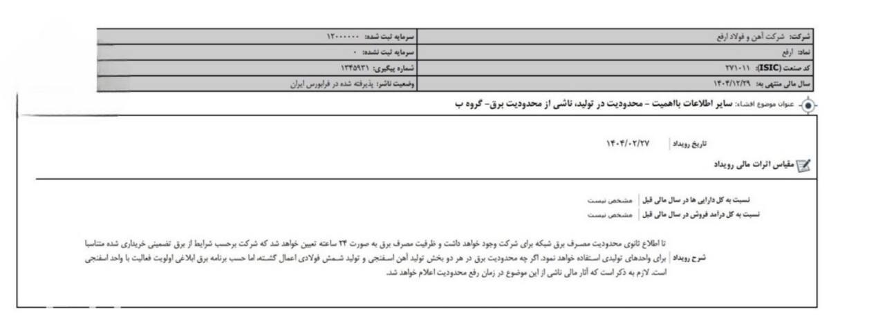 محدودیت برق به «ارفع» رسید