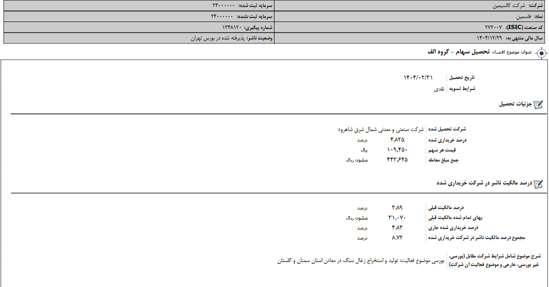 تحصیل سهام «فاسمین»