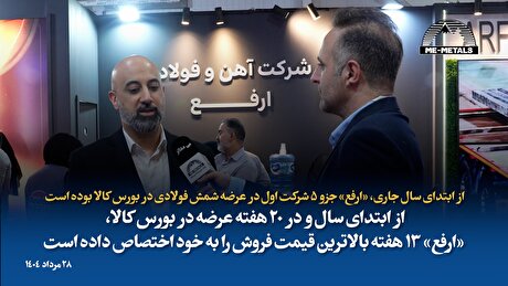 از ابتدای سال جاری، «ارفع» جزو ۵ شرکت اول در عرضه شمش فولادی در بورس کالا بوده است/ از ابتدای سال و در ۲۰ هفته عرضه در بورس کالا، «ارفع» ۱۳ هفته بالاترین قیمت فروش را به خود اختصاص داده است