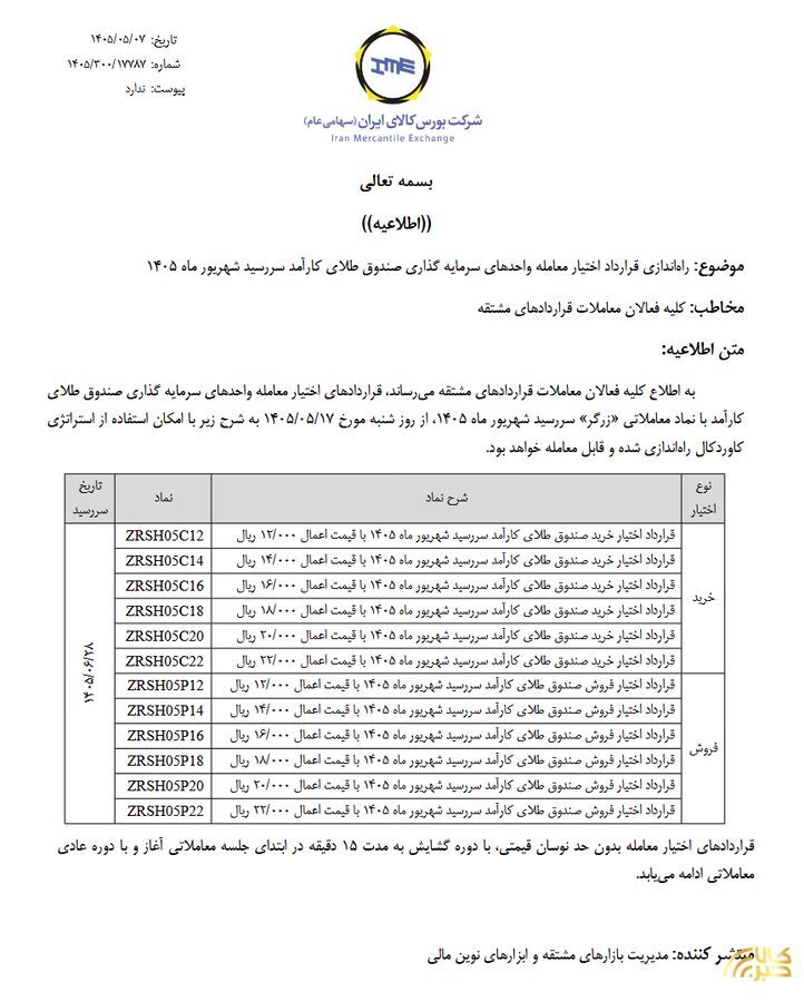 راه‌اندازی قرارداد اختیار معامله صندوق طلای زرگر سررسید شهریور ۱۴۰۵