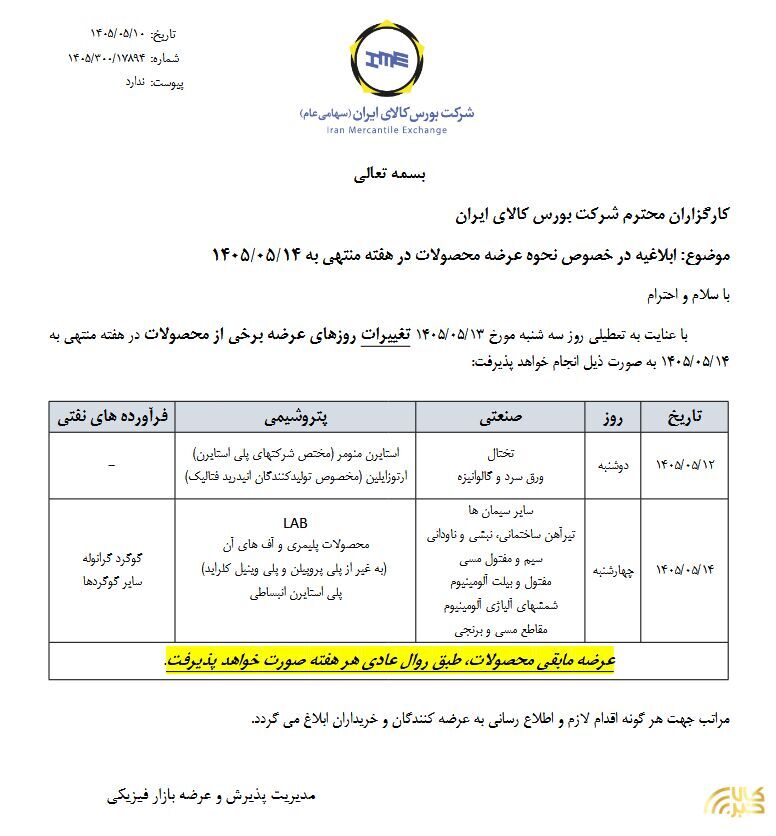 ابلاغیه بورس کالای ایران درخصوص نحوه عرضه محصولات