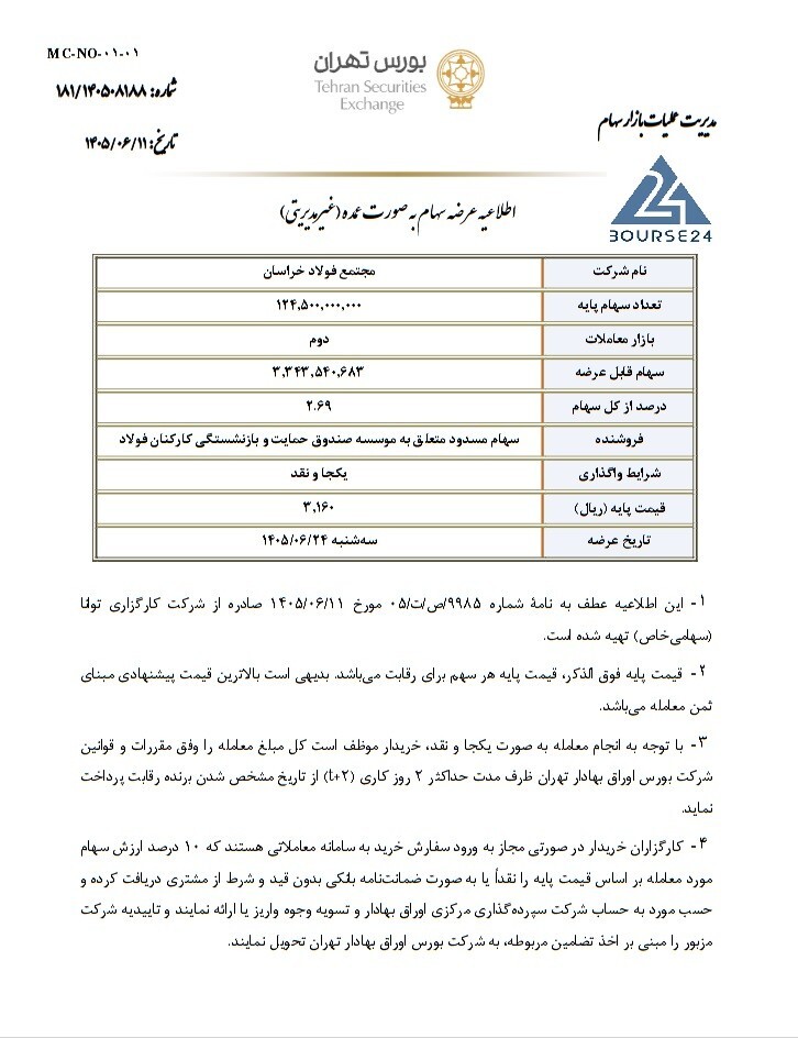 عرضه ۲.۶۹ درصد از سهام فولاد خراسان در روز ۲۴ شهریور